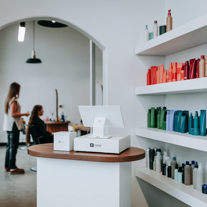 Retail shelves of hair and skincare products in the studio