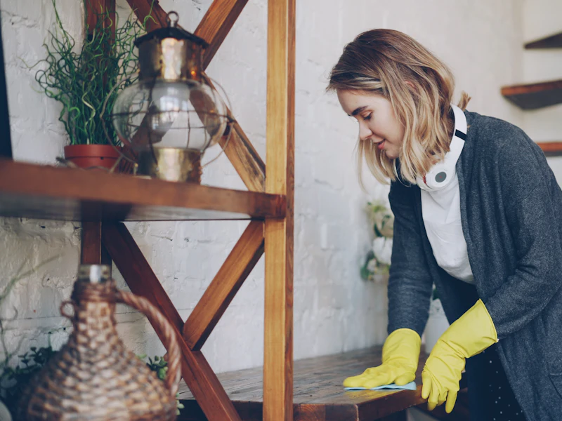 Cleaner wiping down a wooden shelf in gloves