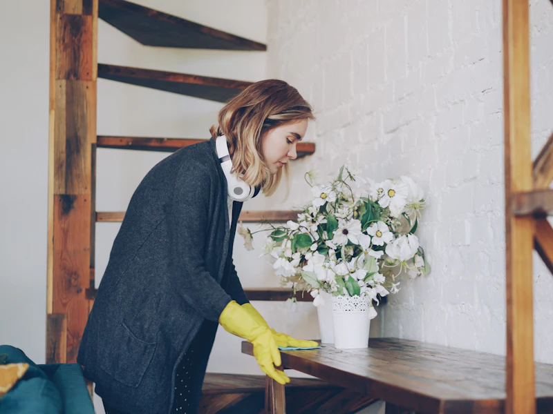 Cleaner dusting and tidying a living-room shelf