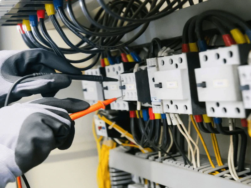 Gloved hands wiring a new consumer unit