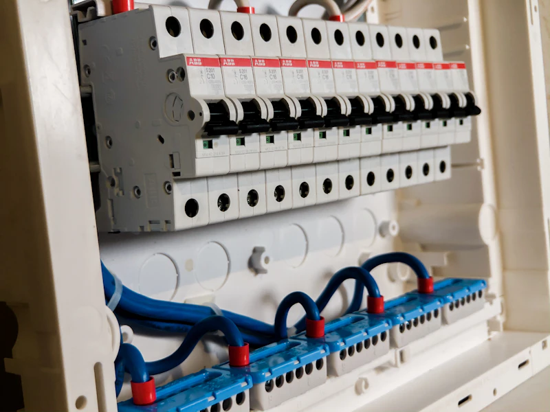 Neatly installed row of circuit breakers in a new board