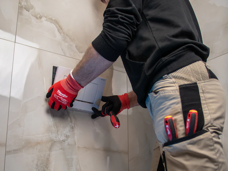 Plumber fitting pipework on a tiled bathroom floor