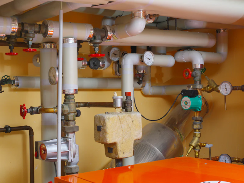 Heating manifold with valves, gauges and copper pipework
