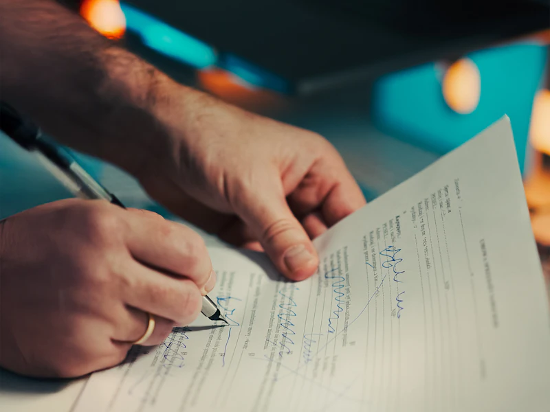 A translator signing the statement of accuracy on a document